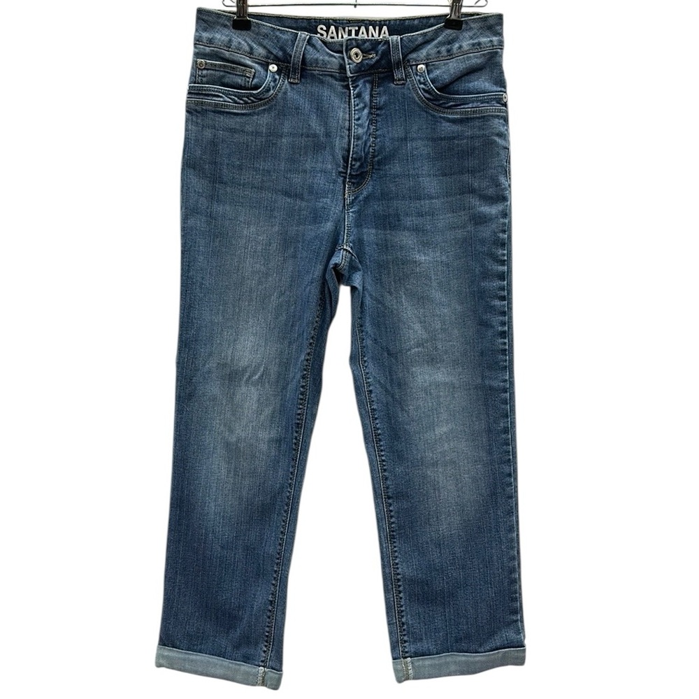 Santana Straight Leg High Rise Cuffed Crop Stretch Denim Blue Jeans Womens 8